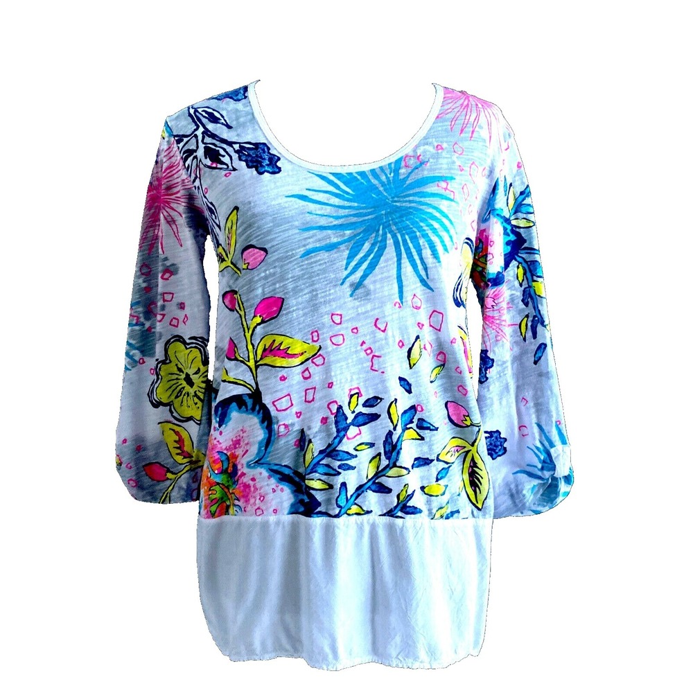 Fresh Produce Top SMALL Ocean Blue Bright Floral Hi Lo Button Back Shirt NWOT
